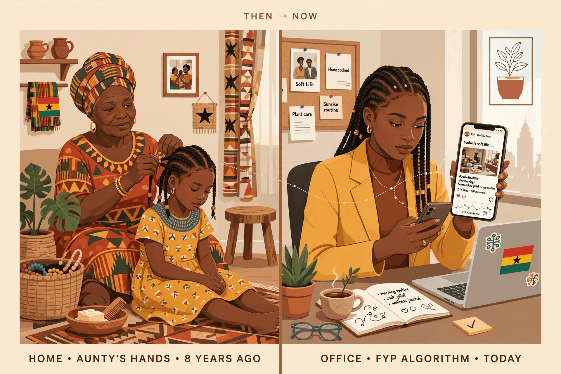 Illustration pairing an older woman plaiting a girl’s hair with a woman at a desk holding a phone, labelled Then and Now