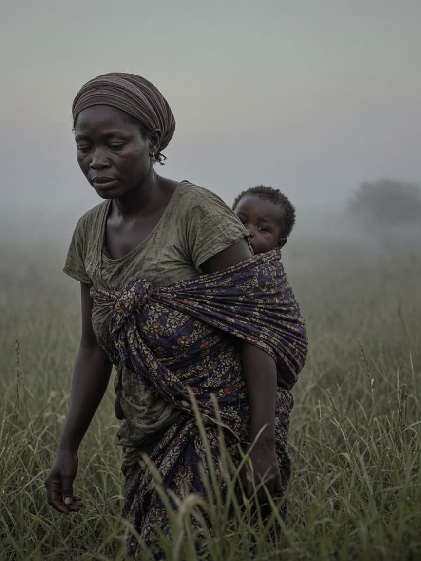A woman walking through misty grass with a child on her back