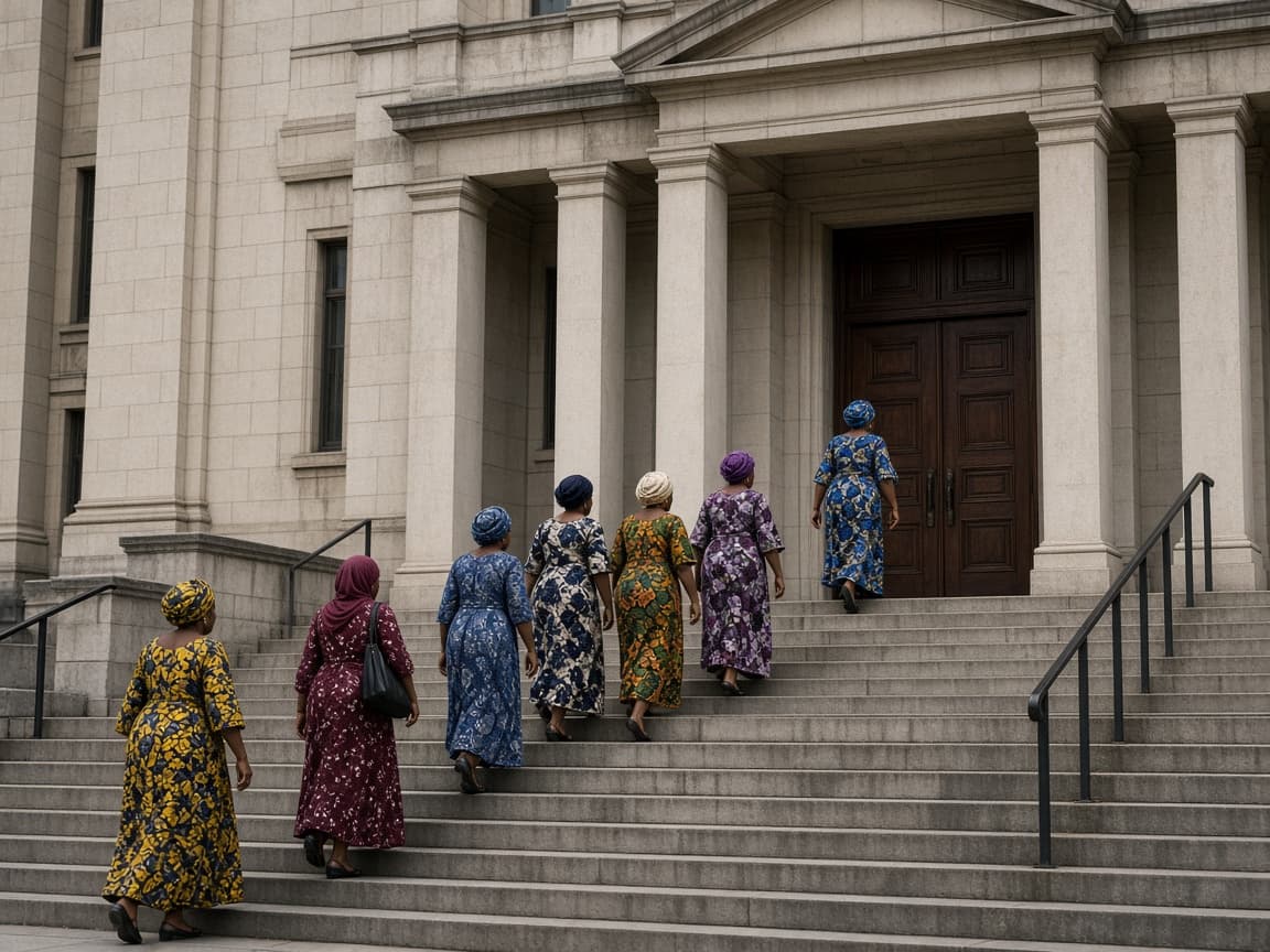 Women walking toward the steps of a courthouse